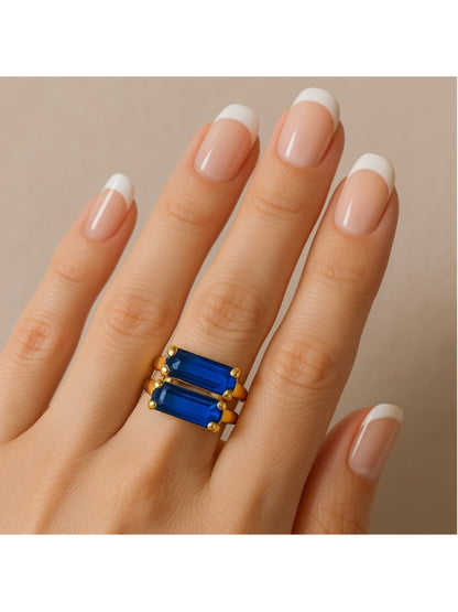 Gold Ring with Royal Blue Baguette Crystals – Double Stone Statement Piece