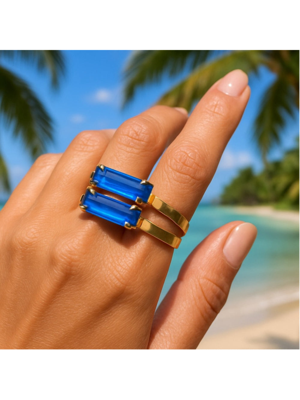 Gold Ring with Royal Blue Baguette Crystals – Double Stone Statement Piece