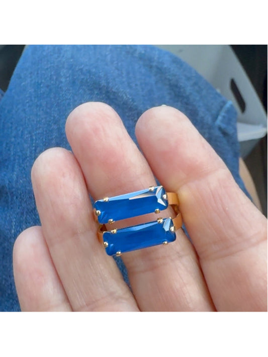 Gold Ring with Royal Blue Baguette Crystals – Double Stone Statement Piece