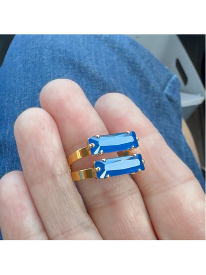 Gold Ring with Royal Blue Baguette Crystals – Double Stone Statement Piece