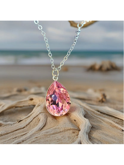 Handcrafted necklace with light rose pink Swarovski crystal and chain
