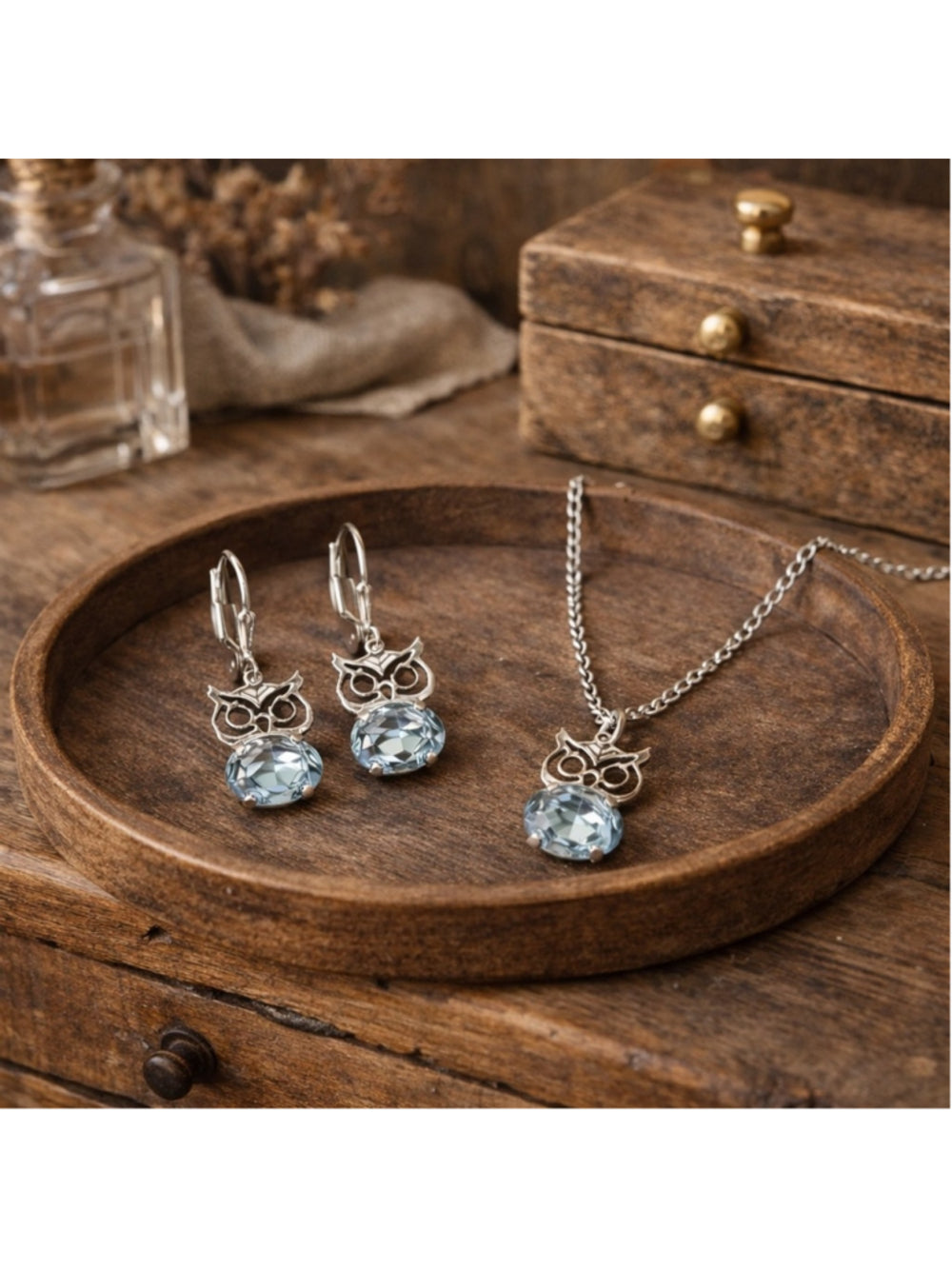 Silver Owl Earrings & Necklace Set – light sapphire crystals – Vintage Style
