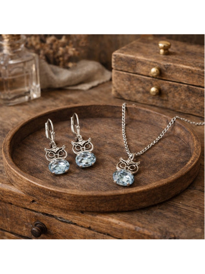 Silver Owl Earrings & Necklace Set – light sapphire crystals – Vintage Style