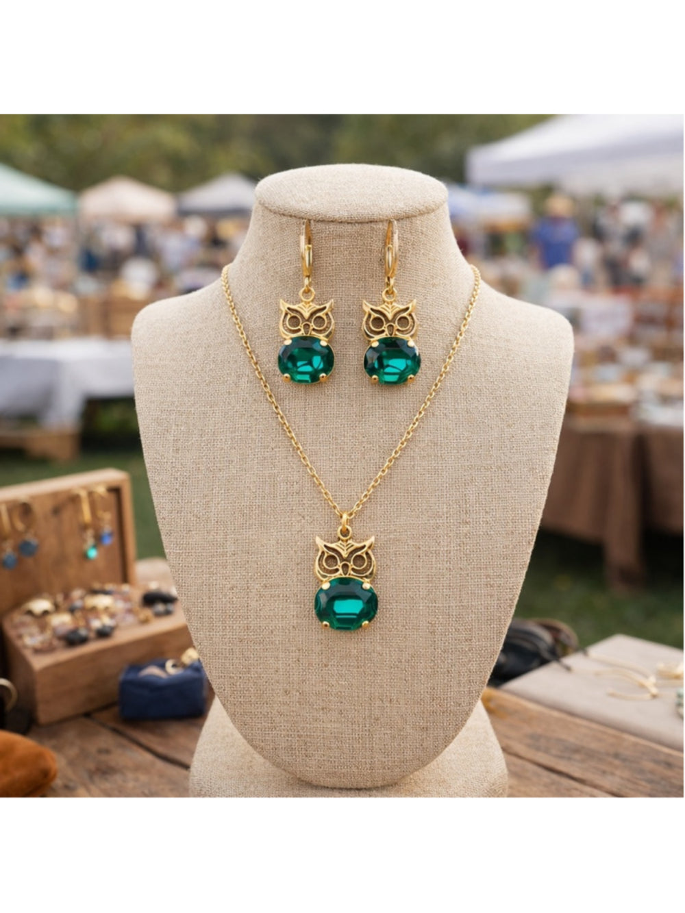 Gold Owl Earrings & Necklace Set – Emerald Green Crystal – Vintage Style
