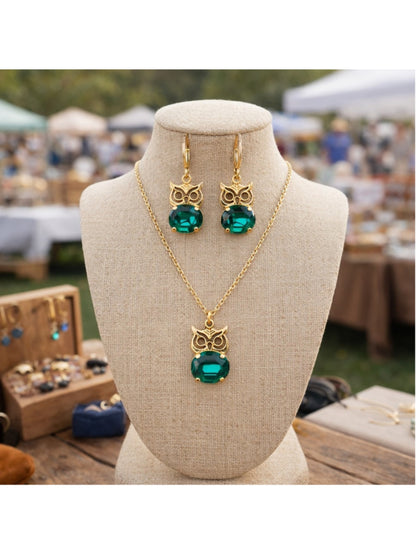 Gold Owl Earrings & Necklace Set – Emerald Green Crystal – Vintage Style