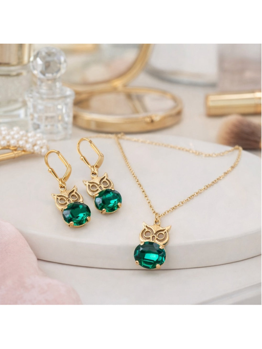 Gold Owl Earrings & Necklace Set – Emerald Green Crystal – Vintage Style