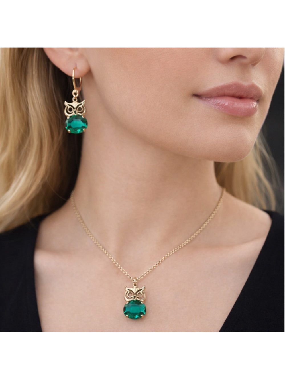 Gold Owl Earrings & Necklace Set – Emerald Green Crystal – Vintage Style