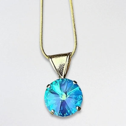 Handcrafted Swarovski Necklace Crystal Pendant Gold-Tone Chain Blue Women's NWT