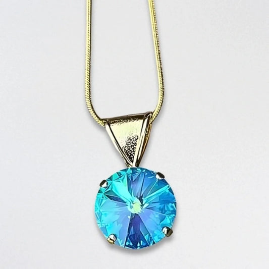 Handcrafted Swarovski Necklace Crystal Pendant Gold-Tone Chain Blue Women's NWT
