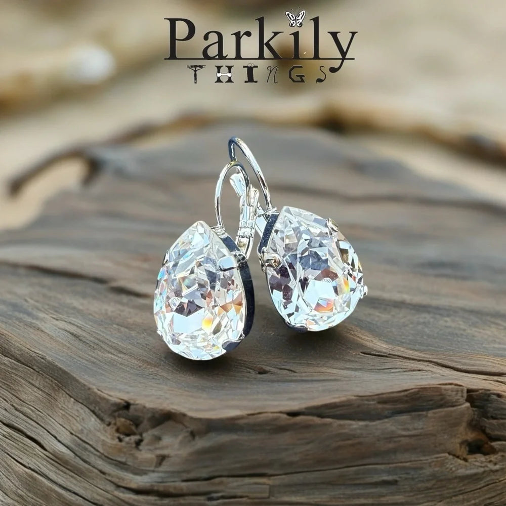 Handcrafted earrings with clear sparkly teardrop Swarovski crystal