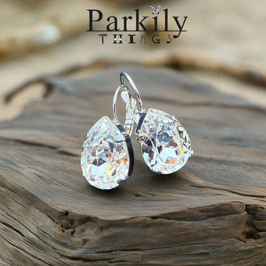Handcrafted earrings with clear sparkly teardrop Swarovski crystal