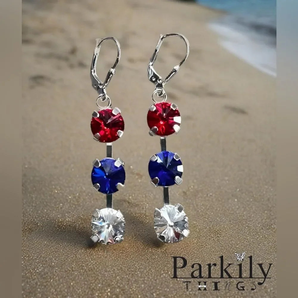 Handcrafted red white and blue cupchain silver earrings with Swarovski crystal