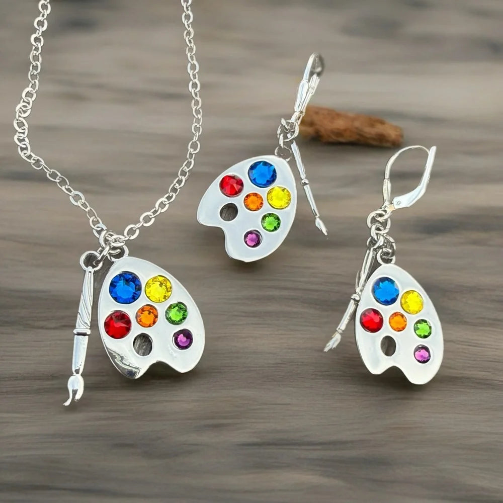 Artist palette necklace and earrings set with colorful crystals