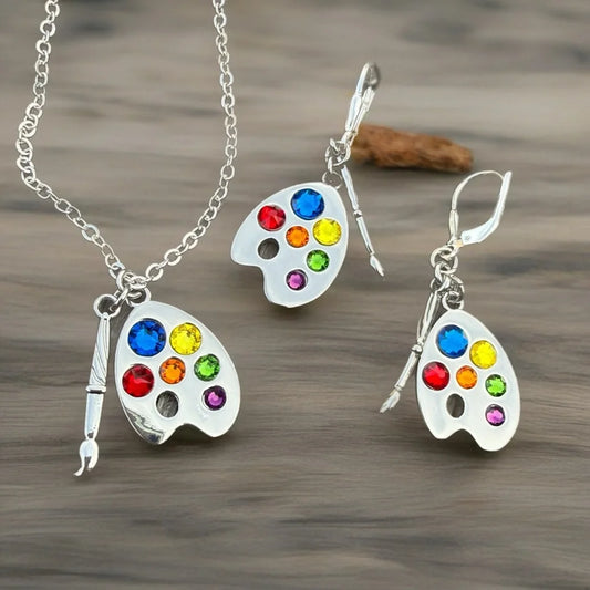 Artist palette necklace and earrings set with colorful crystals