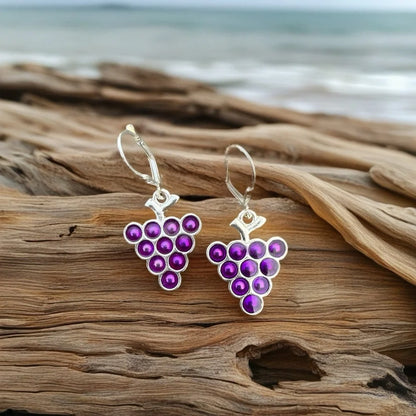 Purple Crystal Grape Cluster Earrings – Silver Tone Dangle