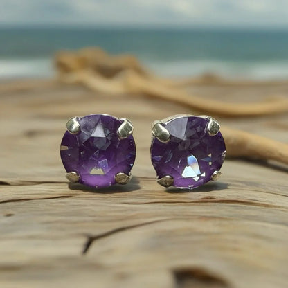 Handcrafted petite stud earrings with Swarovski crystal purple ignite