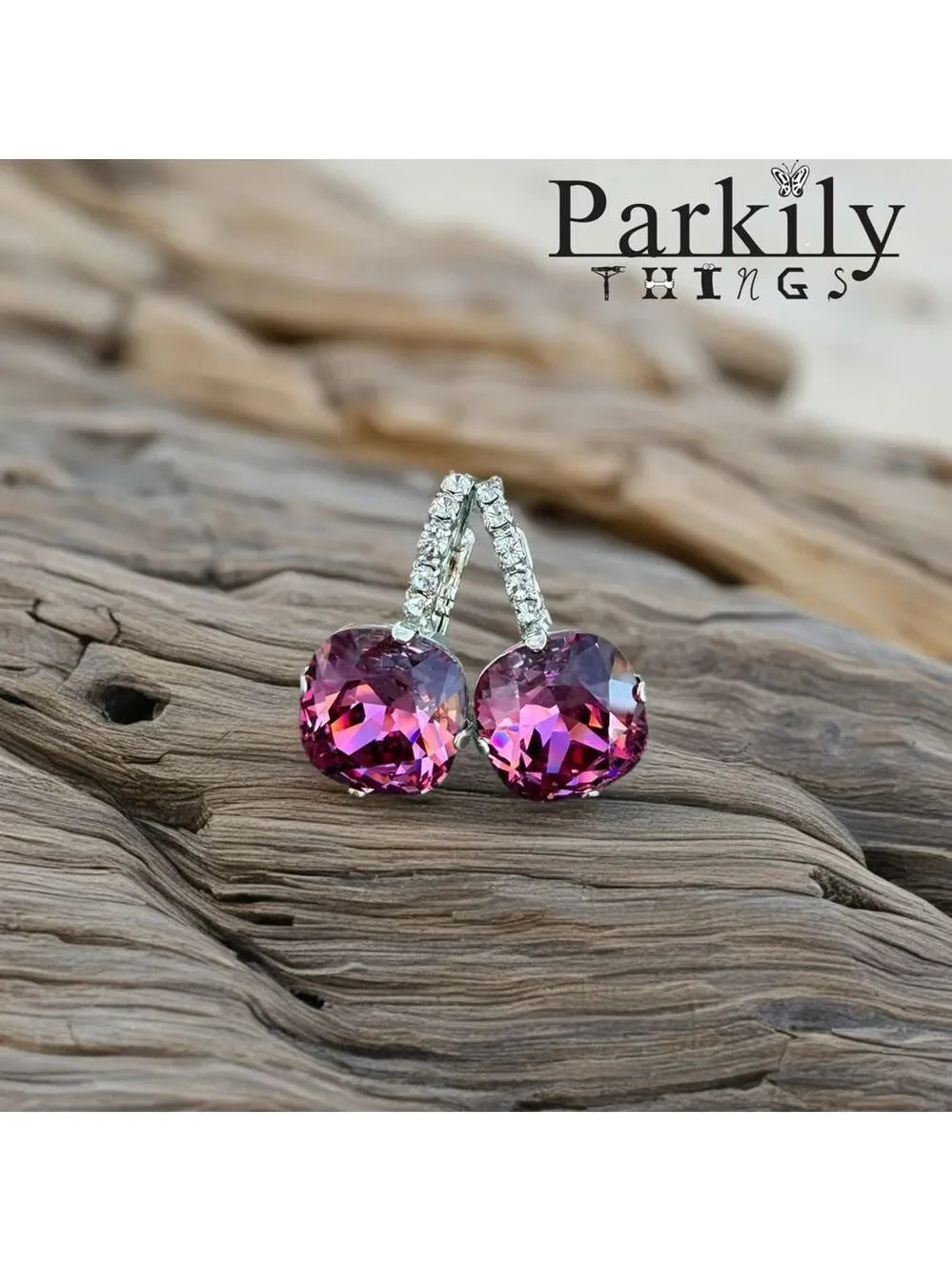 Cushion Cut dark Rose Pink Crystal Drop Earrings