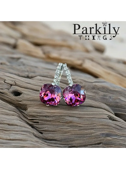 Cushion Cut dark Rose Pink Crystal Drop Earrings