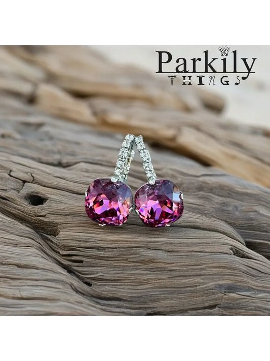 Cushion Cut dark Rose Pink Crystal Drop Earrings