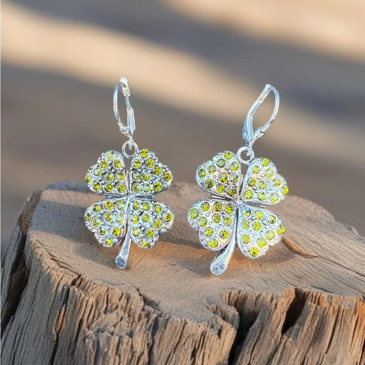 Shamrock Crystal Earrings Green Sparkle Clover Dangle