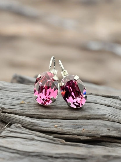 Oval Cut dark Rose Pink Crystal Drop Earrings