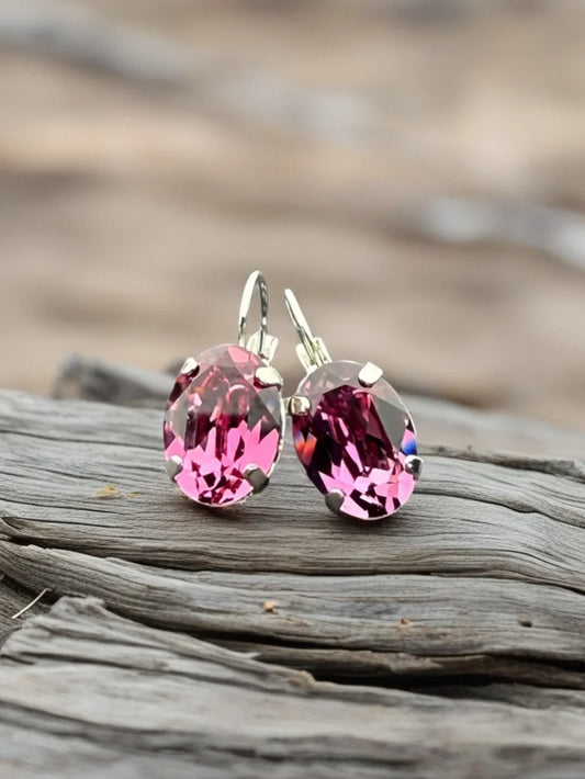 Oval Cut dark Rose Pink Crystal Drop Earrings