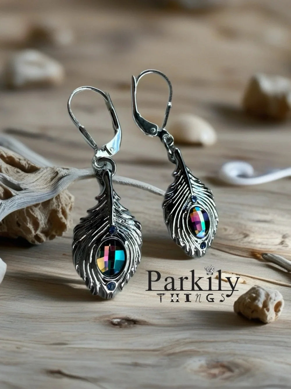 Silver Peacock Feather Earrings with Iridescent Crystal • Leverback