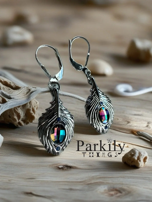 Silver Peacock Feather Earrings with Iridescent Crystal • Leverback