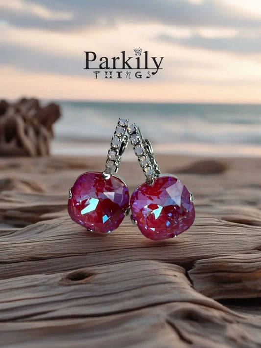 Cushion Cut rose water opal Pink Crystal Drop Earrings