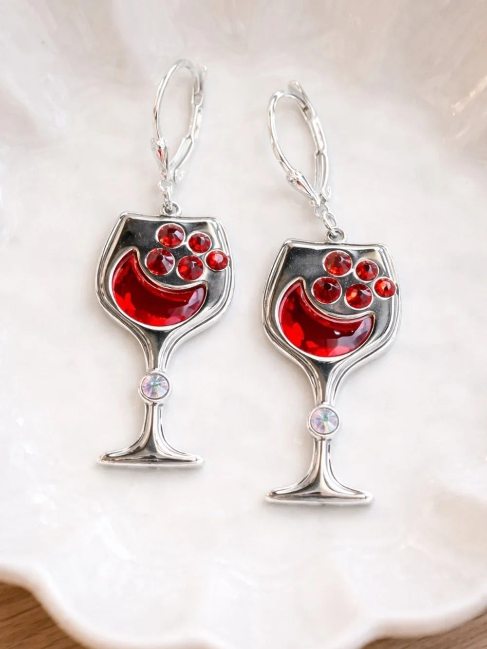 Handcrafted wine glass earrings with sparkly bright red crystal