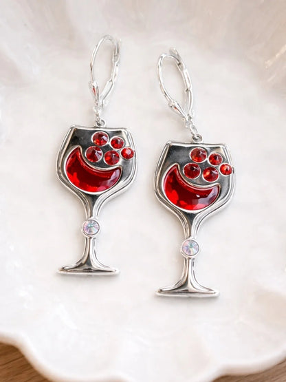 Handcrafted wine glass earrings with sparkly bright red crystal