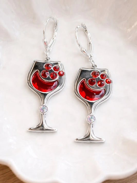Handcrafted wine glass earrings with sparkly bright red crystal