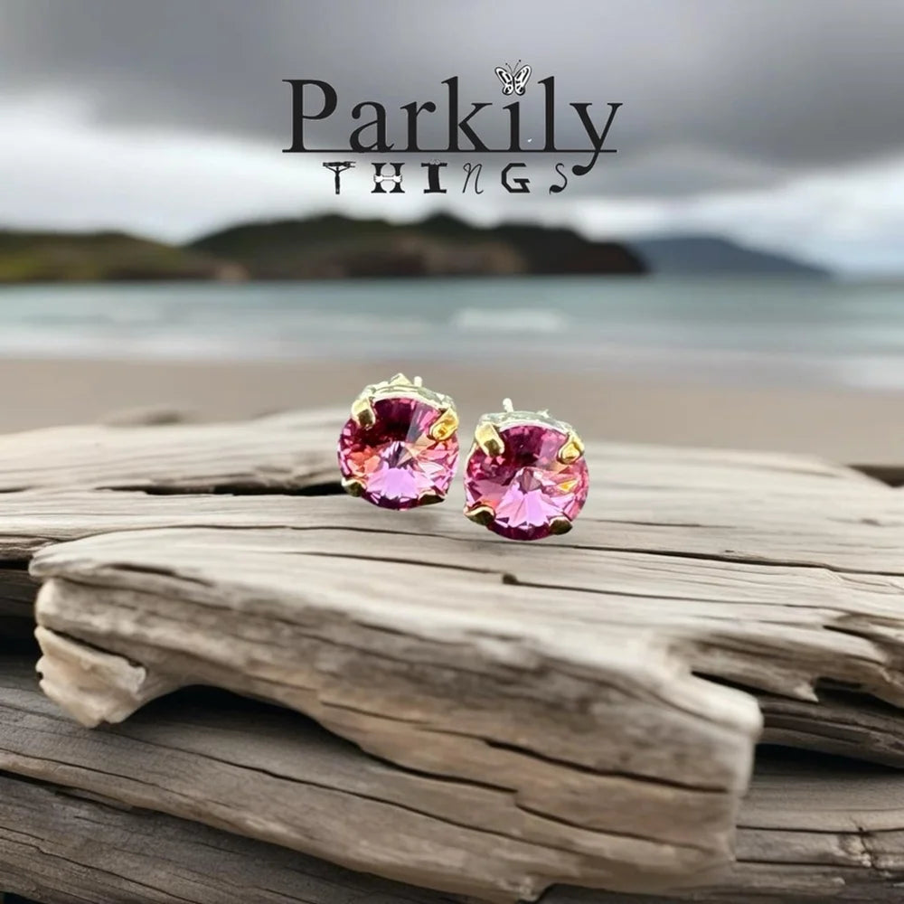 Handcrafted petite stud earrings with sparkly pink Swarovski crystals