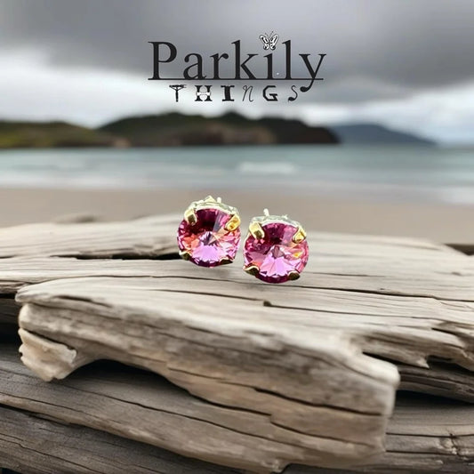 Handcrafted petite stud earrings with sparkly pink Swarovski crystals