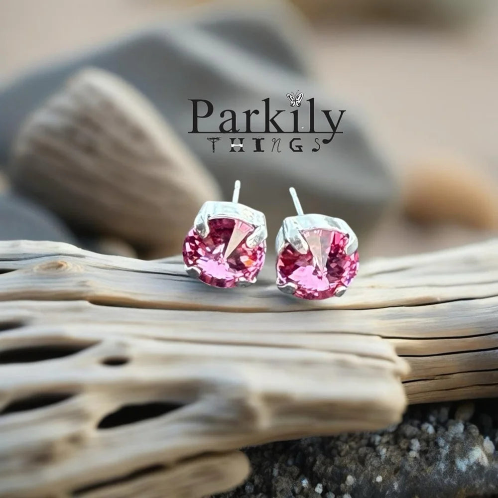 Handcrafted petite stud earrings with sparkly pink Swarovski crystals