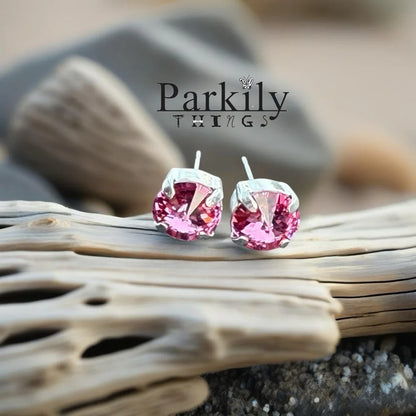Handcrafted petite stud earrings with sparkly pink Swarovski crystals