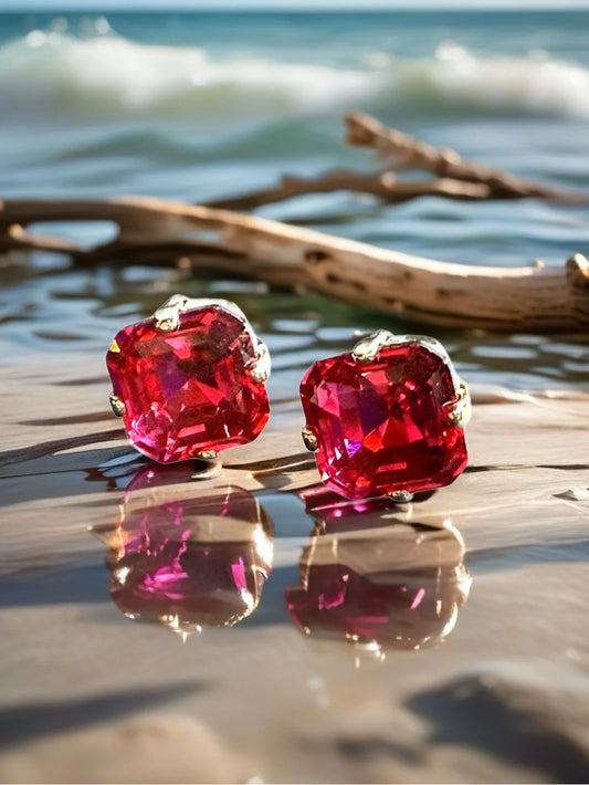 Reddish Pink Crystal Stud Earrings | Sparkly Cushion Cut | Gold Tone