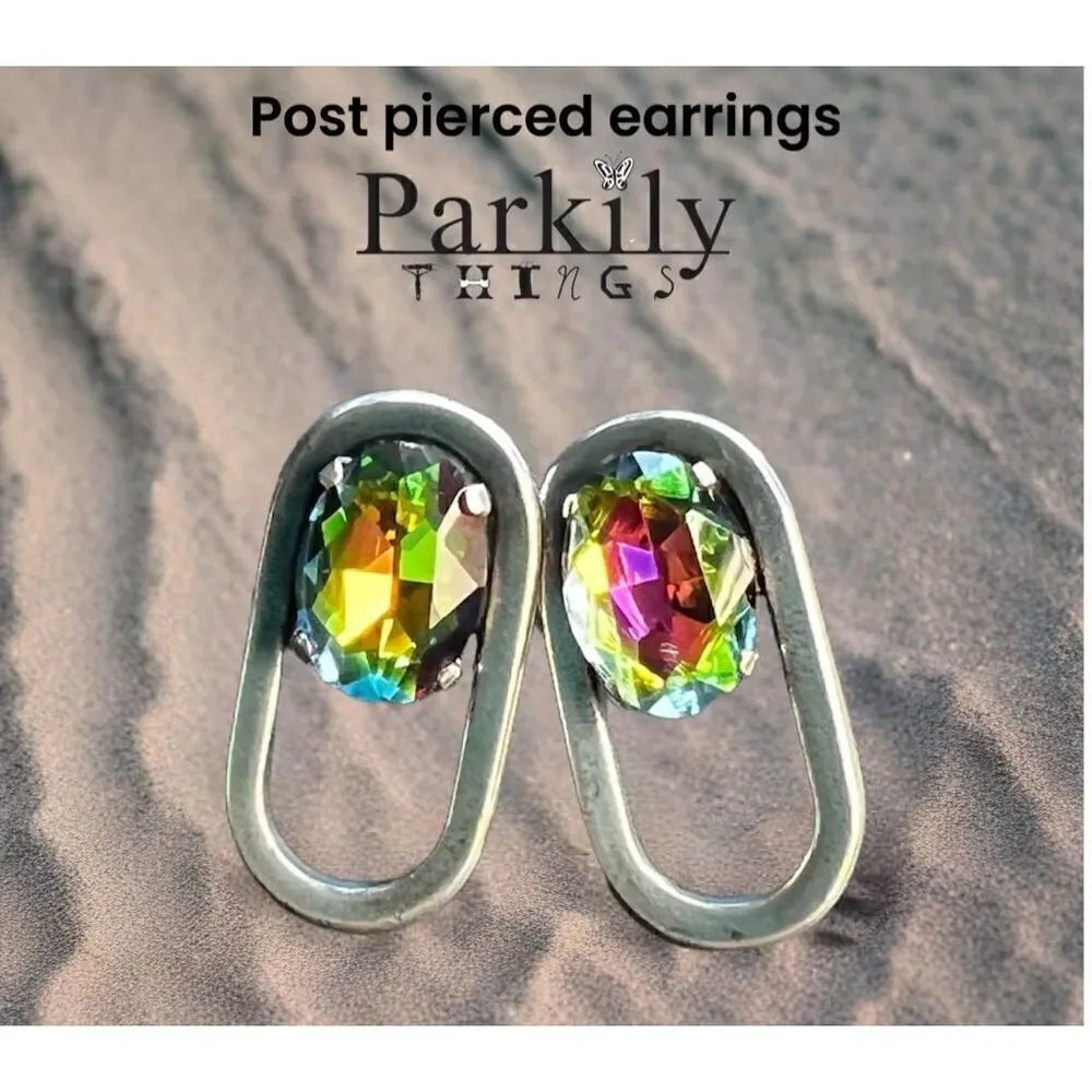 Handcrafted post antique silver earrings with medium vitrail crystal