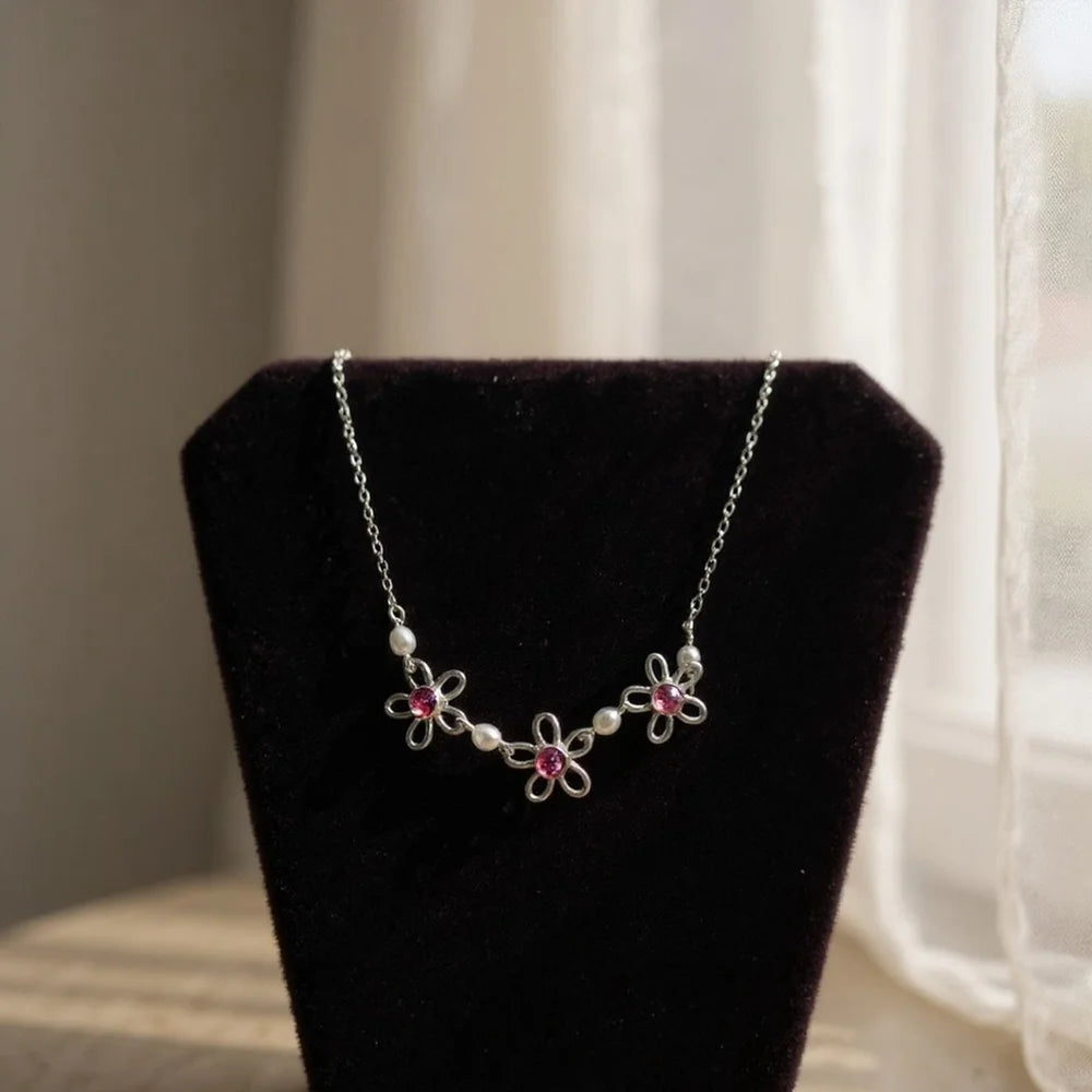 Silver Pink Crystal Flower Pearl Necklace
