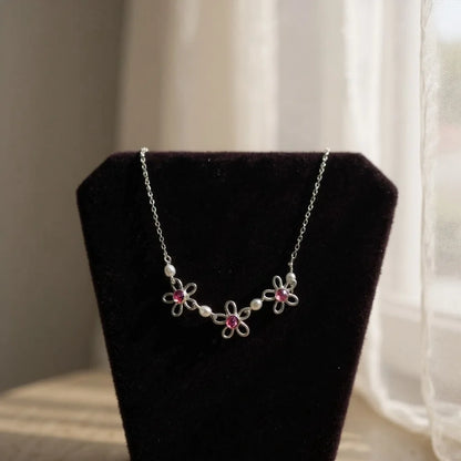 Silver Pink Crystal Flower Pearl Necklace