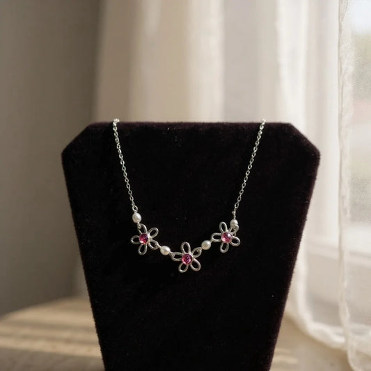 Silver Pink Crystal Flower Pearl Necklace