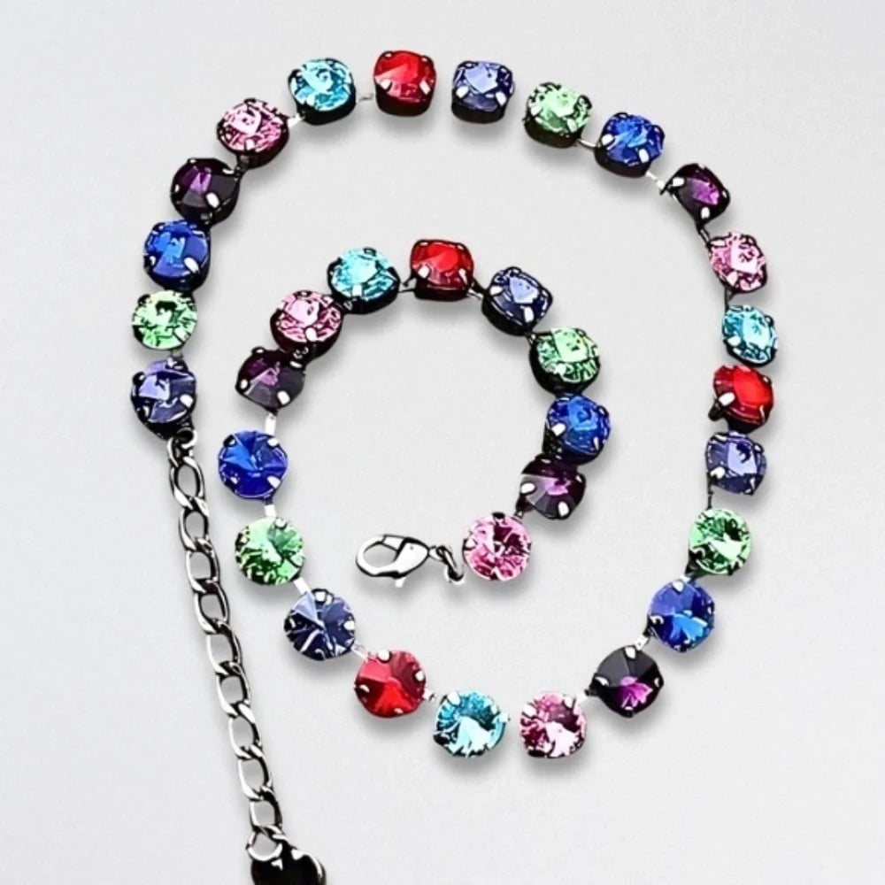 Handcrafted Swarovski Rivoli Crystal Necklace Cup Chain Gunmetal Multicolor NWT