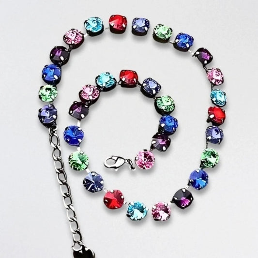 Handcrafted Swarovski Rivoli Crystal Necklace Cup Chain Gunmetal Multicolor NWT