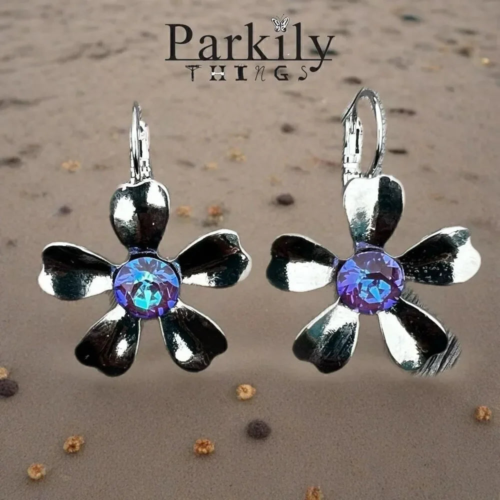 Handcrafted earrings with blue aurora crystal and silver.