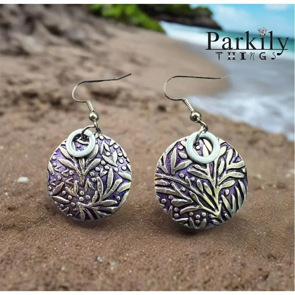 Patina pierced earrings with silver and purple pattern