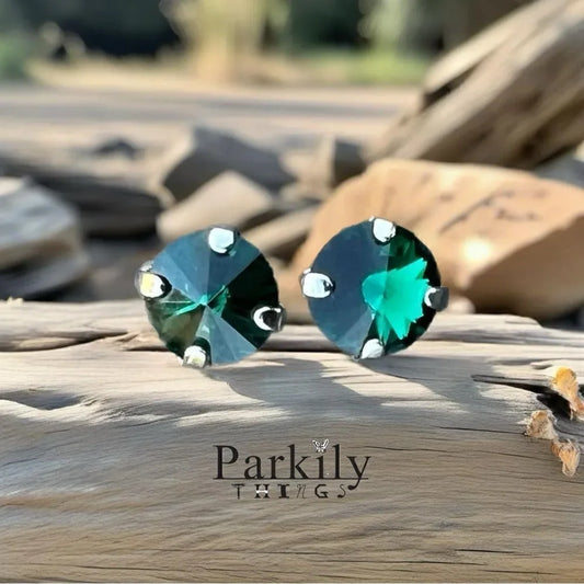 Handcrafted petite stud earrings with sparkly green Swarovski crystal
