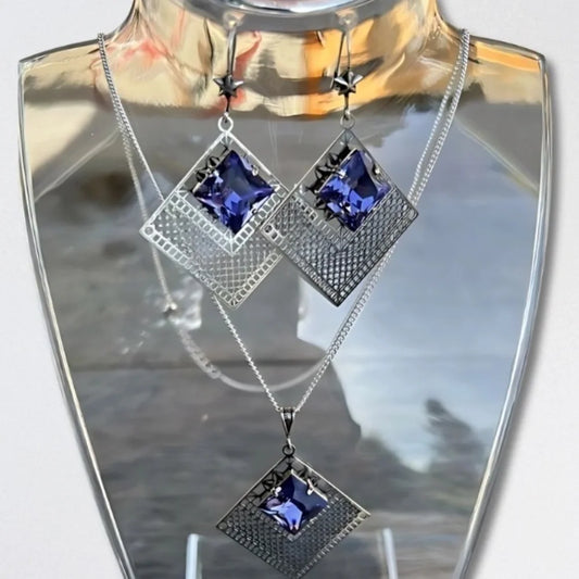 Handcrafted Swarovski Tanzanite Crystal Necklace Earrings Set Silver/Purple NWT