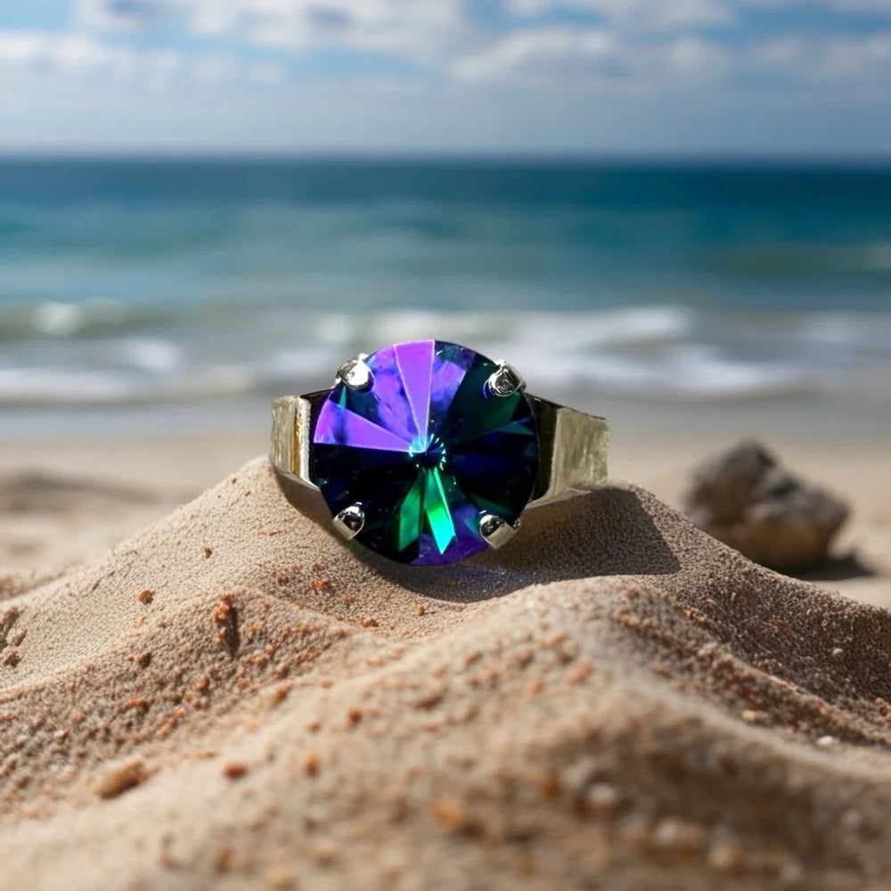 Handcrafted ring made with Swarovski emerald glacier crystal adjustable fit