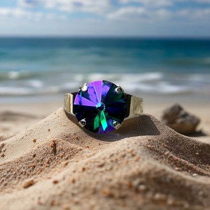 Handcrafted ring made with Swarovski emerald glacier crystal adjustable fit