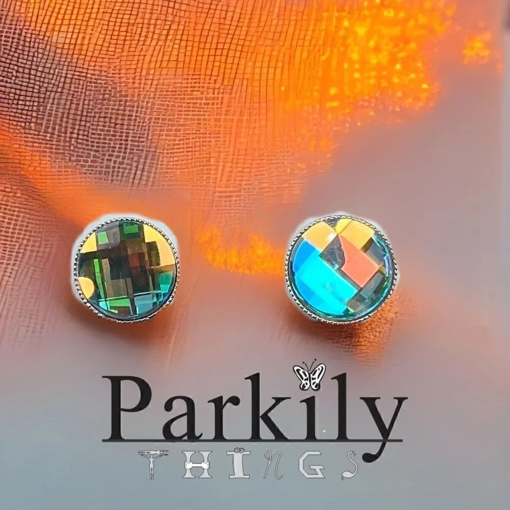 Handcrafted chessboard crystal earrings with Swarovski aurora borealis